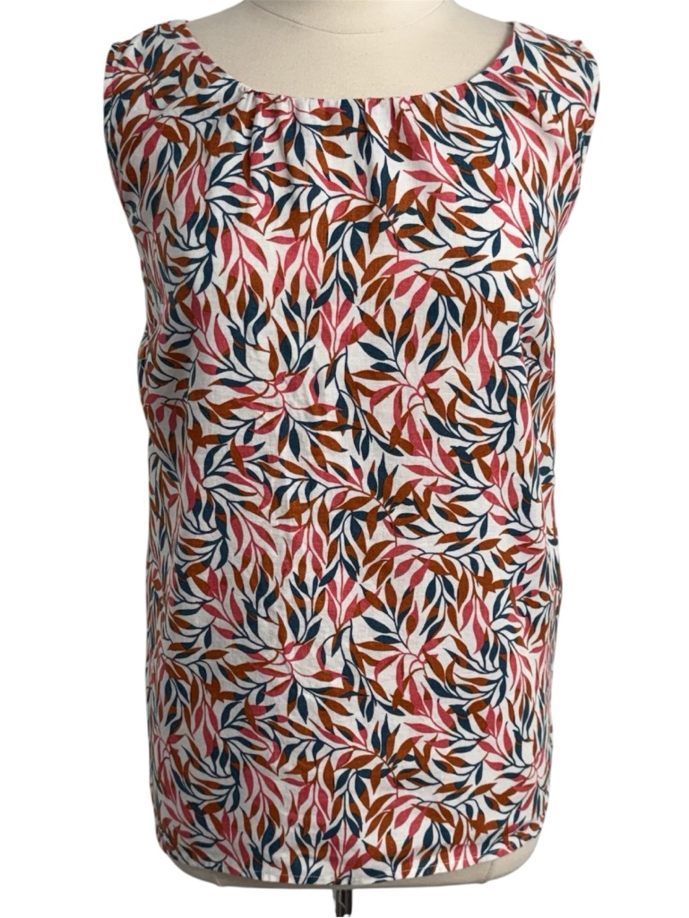 Lands' End Women's 100% Linen Sleeveless Tank Top Multi-Colored Leaf Print Sz 1X